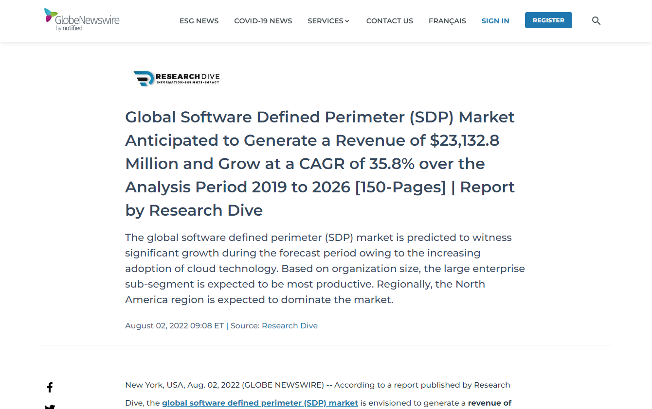 Global Software Defined Perimeter (SDP) Market Anticipated to Generate a Revenue of $23,132.8 Million and Grow at a CAGR of 35.8% over the Analysis Period 2019 to 2026 [150-Pages] | Report by Research Dive