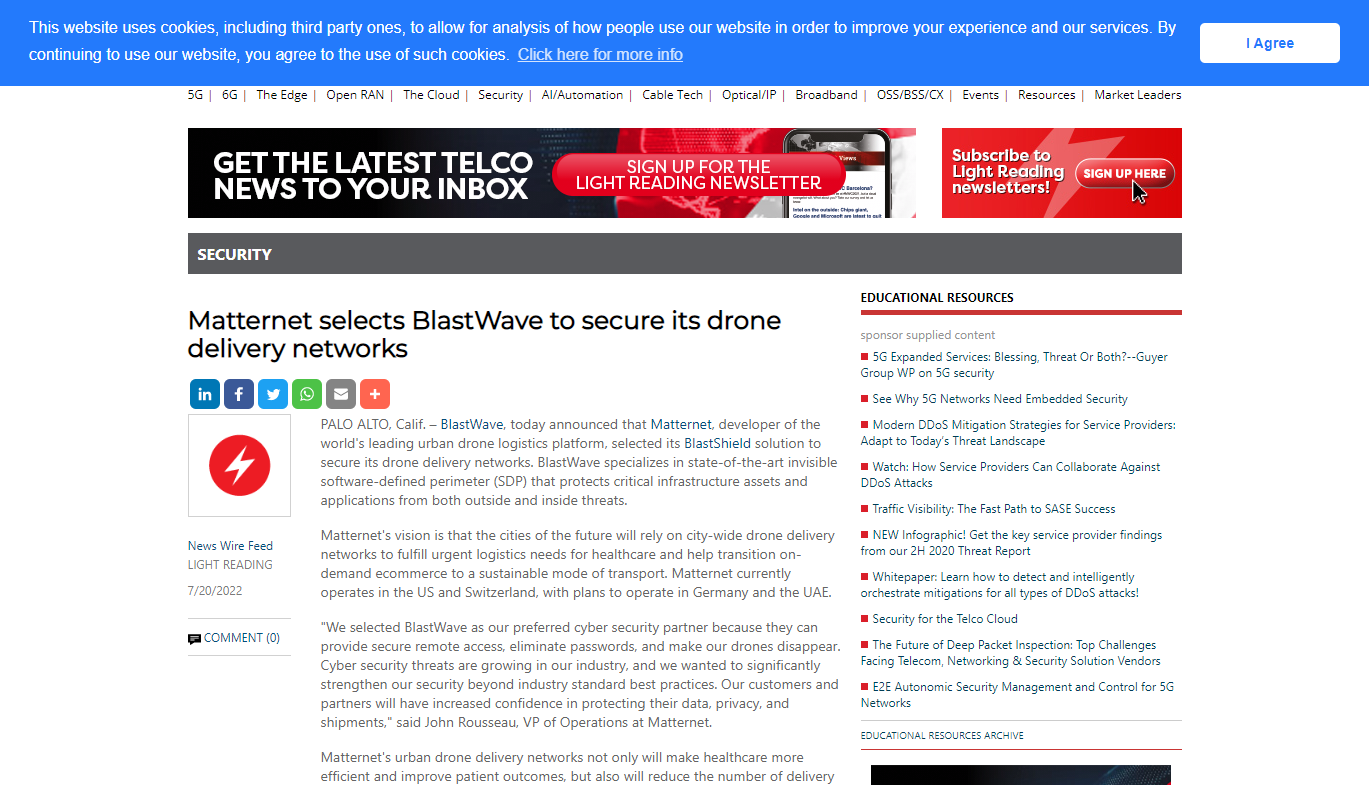 Matternet selects BlastWave to secure its drone delivery networks